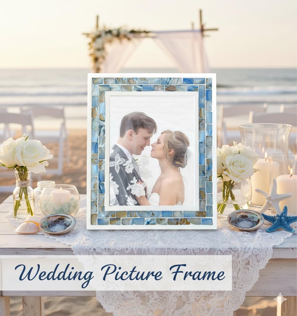 GIFTME 5 Picture Frame 8x10 Mother of Pearl,Tabletop or Wall Hanging Beach 8x10 Photo Frame for Anniversary,Mother's Day,Birthday,Wedding or Christmas(Blue Grey,1pc)
