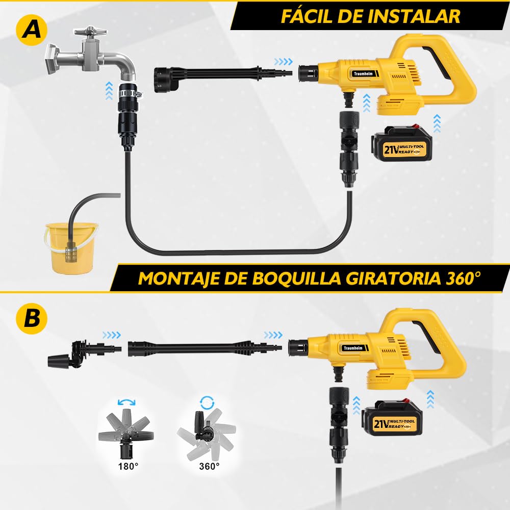 Hidrolimpiadora inalámbrica, 17 Piezas, 8000 mAh, máx. 68 Bares, con Boquilla 6 en 1 y Boquilla giratoria de 180°, hidrolimpiadora portátil para Coches, Bicicletas, terrazas y Jardines.