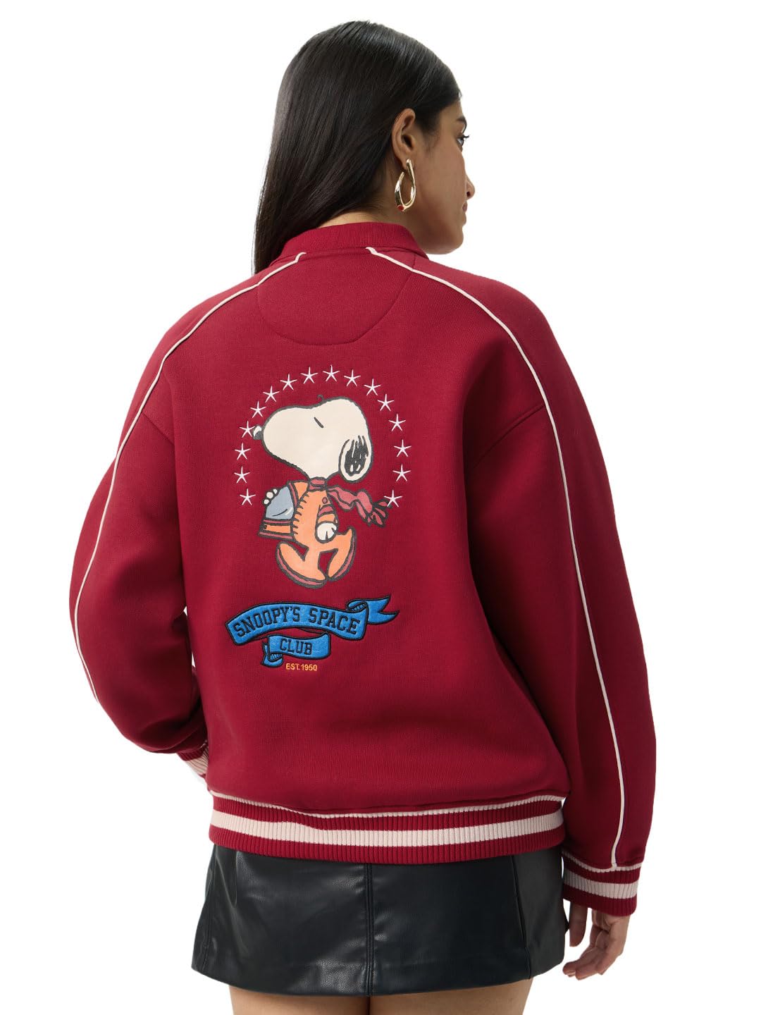 Peanuts: Astro Club Women and Girls Full Sleeves Spread Collar Dark Red Typography Embroidered Cotton Polyester Oversized Fit Lightweight Varsity Jacket-image-42