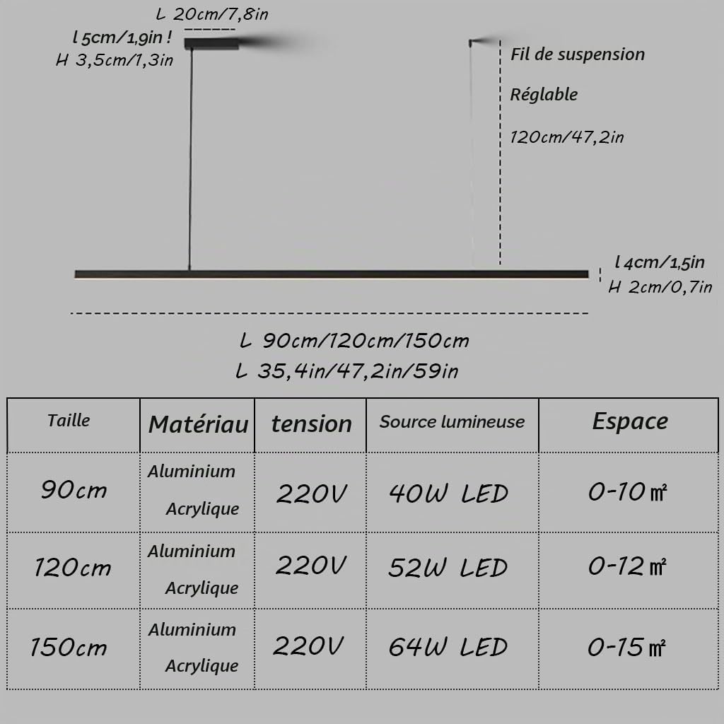 Suspension Luminaire LED Dimmable Moderne Luminaire Suspension Noir Salle À Manger Avec Télécommande Design Linéaire Réglable Lampe À Suspension Pour Îlot De Cuisine Bureau 150cm,64W
