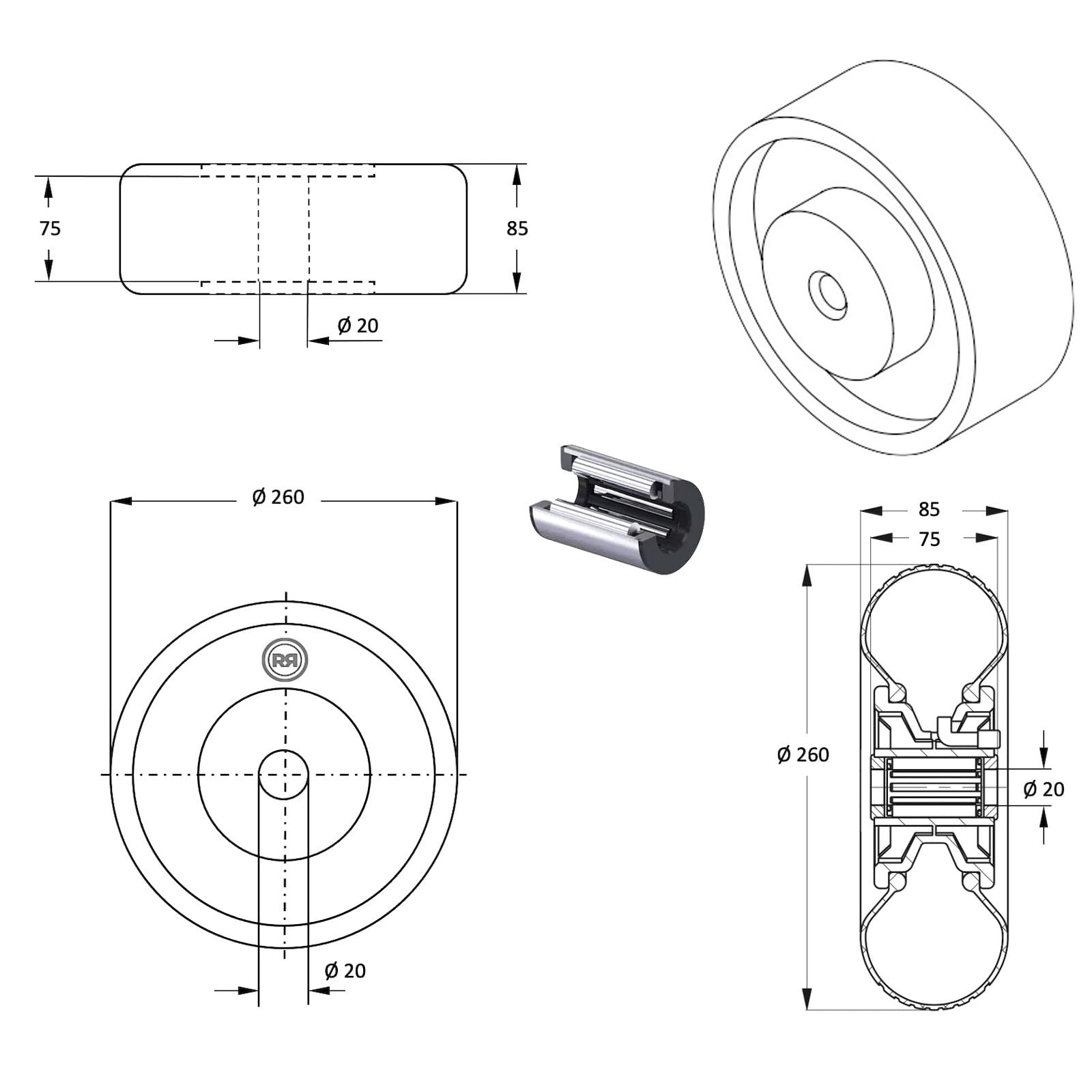 LOT de 4x roue increvable diable 260 x 85 (3.00-4) alésage 20 mm roulement à rouleaux