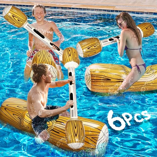 6 Pcs Jumbo Inflatable Battle Log Rafts Pool Games for 3 Players Pool Toys for Kids & Adult, Inflatable Floating Row Pool Floats, Pool Game for Adult...