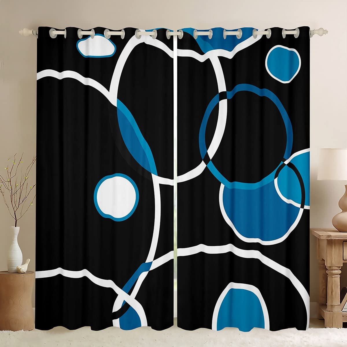 Abstract Curtains & Drapes Geometric Curtains,Modern Blackout Curtains Black White Blue Living Room Curtains,Geometry Circle Window Curtains Luxurious Kids Teen Adults Bedroom Decor 2 Panels,46x72