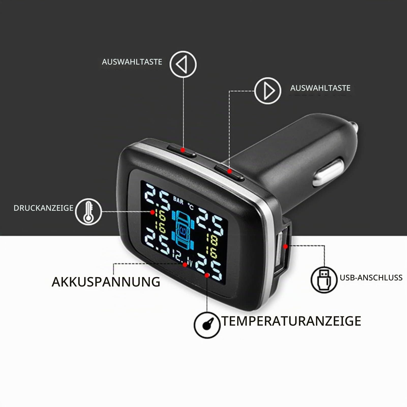 TPMS-Reifendruckkontrollsystem, Auto-TPMS-Reifendruckkontrollsystem, Zigarettenanzünder Mit 4 Externen Sensoren Für Auto, Wohnmobil, SUV