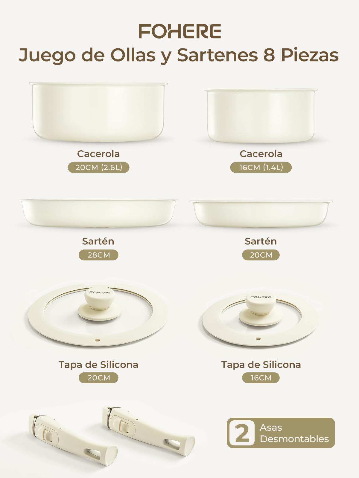 FOHERE Juego de Ollas y Sartenes Antiadherentes Induccion Cerámicas con Mango Extraíble 8 Piezas, Cacerolas de Cocina Induccion Aluminio, para Todas las Cocinas, apto Lavavajillas y Horno,Beige