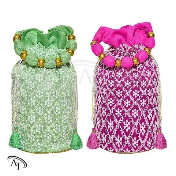 Image of Women Potli Bags | Zari Embroidered Silk With Drawstring | Traditional Return Gifts for Mehandi, Haldi, Baby Shower, Wedding, Sangeet, Seemantham