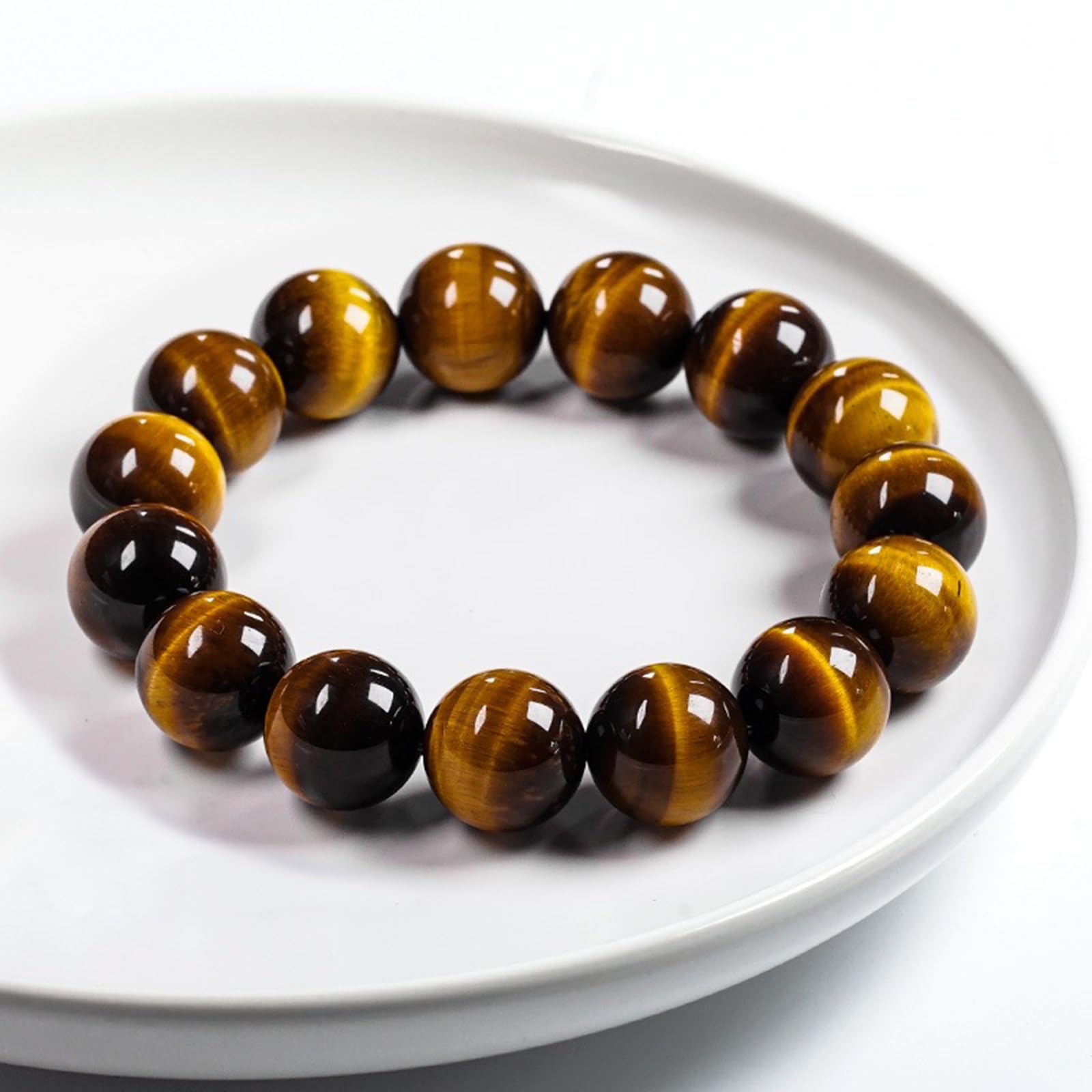 Bracciale in Pietra Naturale Occhio di Tigre Giallo - Bracciale Rigido con Perline Lucide Unisex, Gioielli Geometrici in Cristallo,10mm
