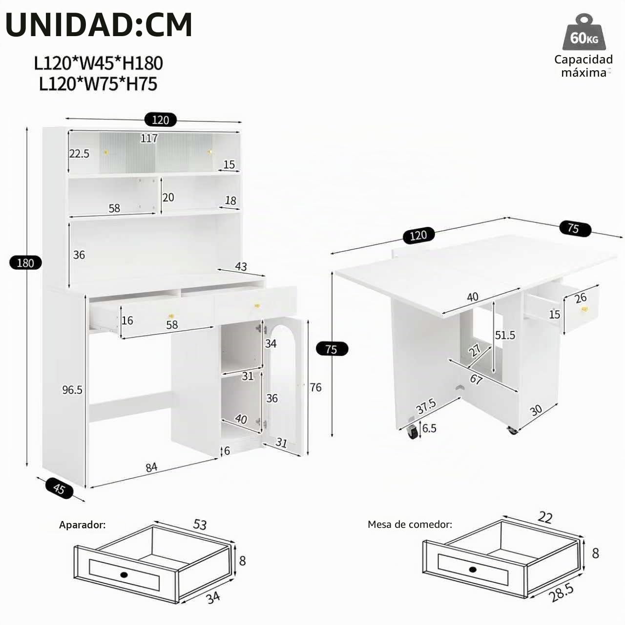 Set de armario de cocina con mesa de comedor plegable, mesa de bar móvil con ruedas, armario alto con espacio de almacenamiento y superficie de trabajo, muebles de cocina que ahorran espacio