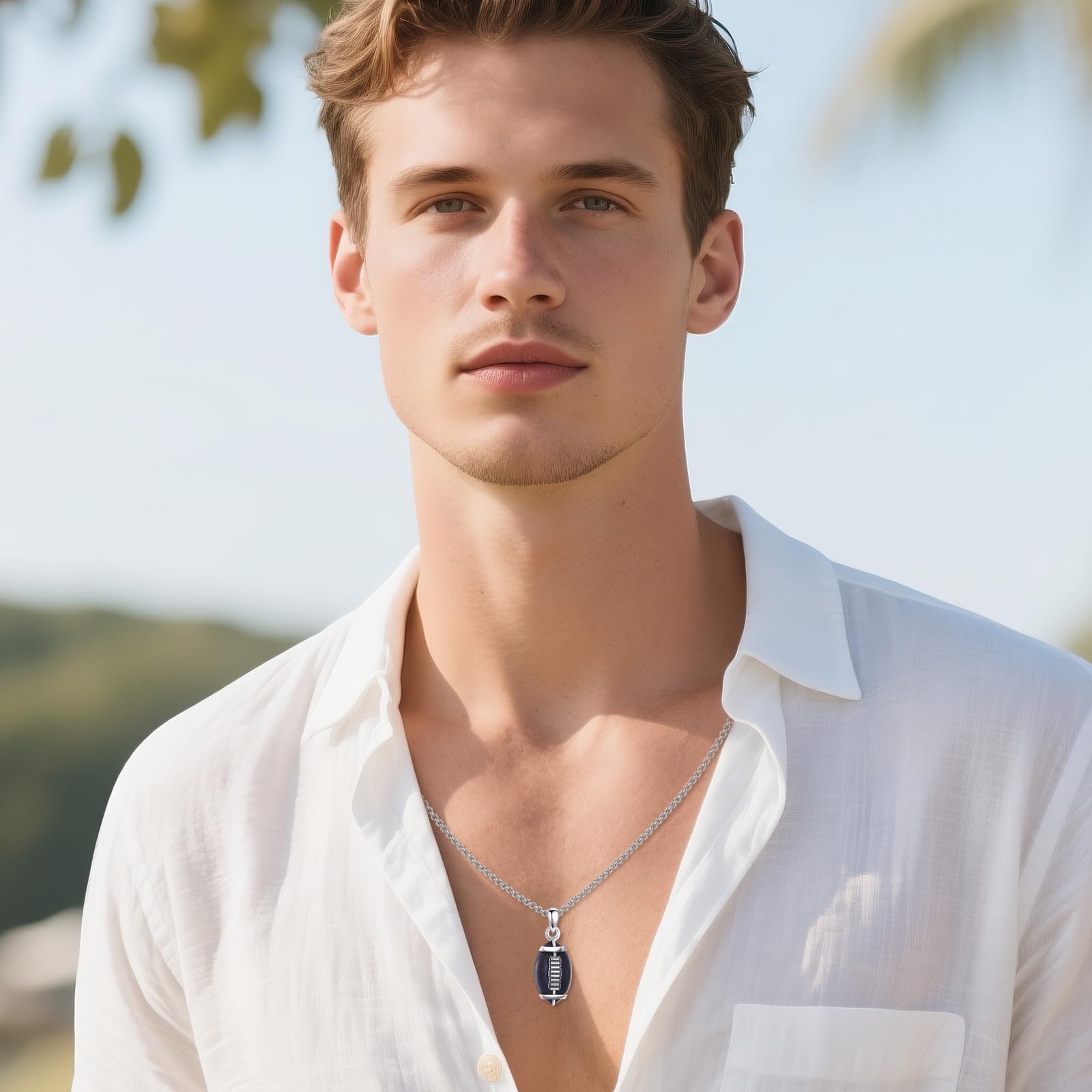 Collar de rugby de plata de ley con cadena de fútbol, collar de madera para hombre, joyería deportiva, balones de fútbol, regalos para hombres