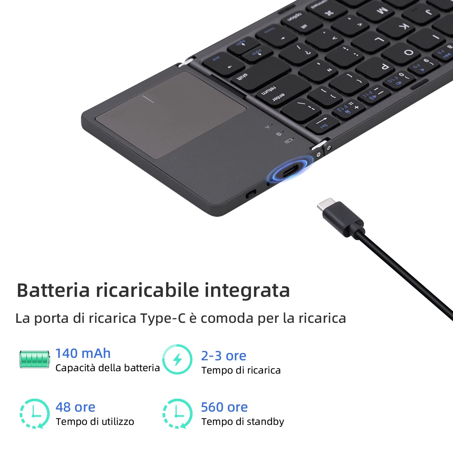 Mcbazel Tastiera Pieghevole Bluetooth 5.0 Senza Fili on Touchpad, Tastiera Portatile Senza fili Ricaricabile per PC, Tablet, Android, iPhone, Windows, Mac, iOS, iPad, Layout US