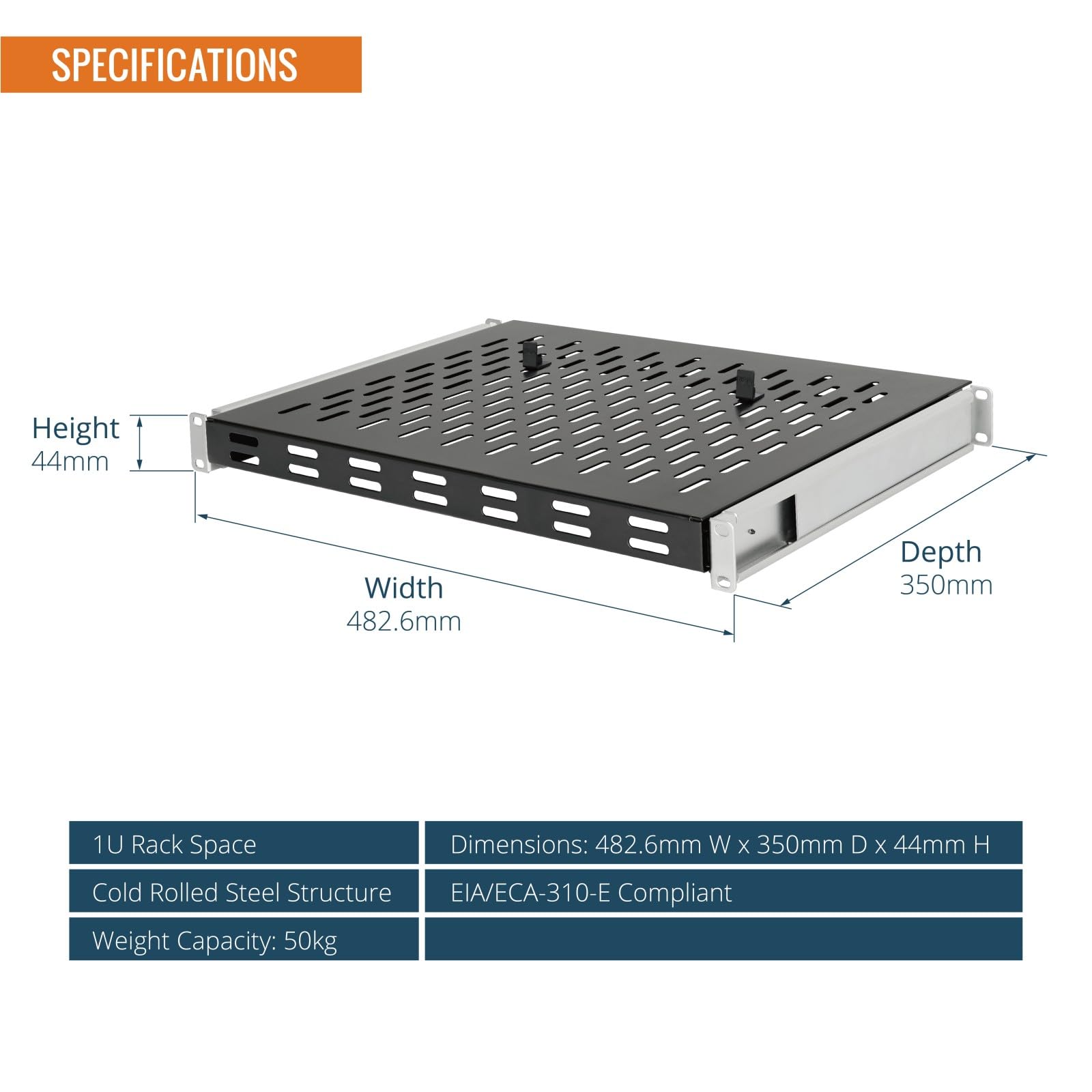 Tecmojo 1HE Schieberegal, 19 Zoll 350mm mit ausziehbarem Fachboden, Zum Festeinbau, Variabele Tiefe 350–500mm, mit Antirutschstopper, Traglast 50 kg für 19-Zoll-AV-/Netzwerkschränke