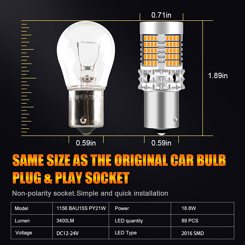UPXSXT 2Pcs 1156 BAU15S py21w led canbus Lampadina indicatore di direzione, 12-24V 3400LM 2016 89SMD Lampadina per auto senza errori e senza sfarfallio super luminoso per segnali di svolta (Ambra)