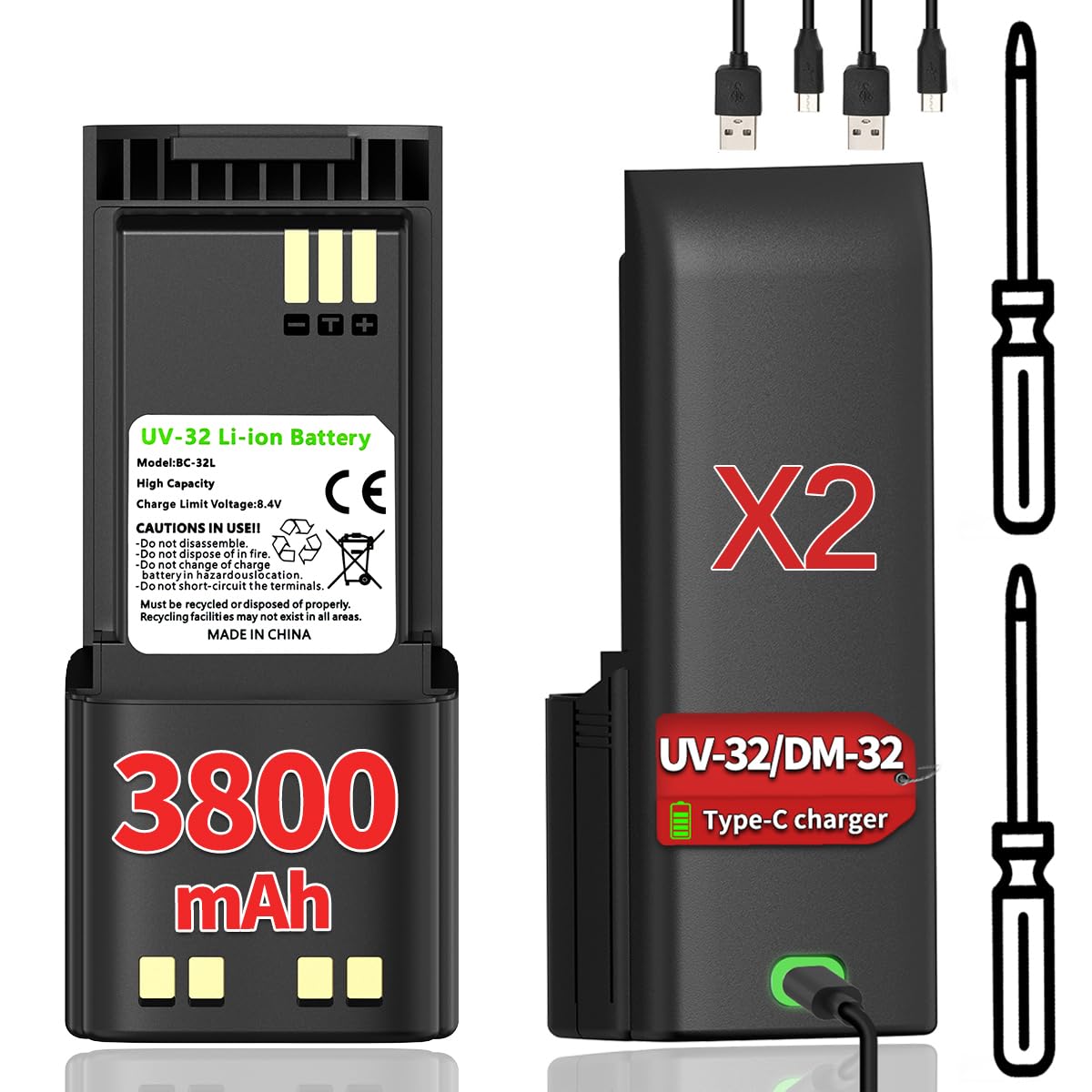 BAOFENG DM32 Battery 3800mAh USB-C Charging Rechargeable Battery（2Pack）