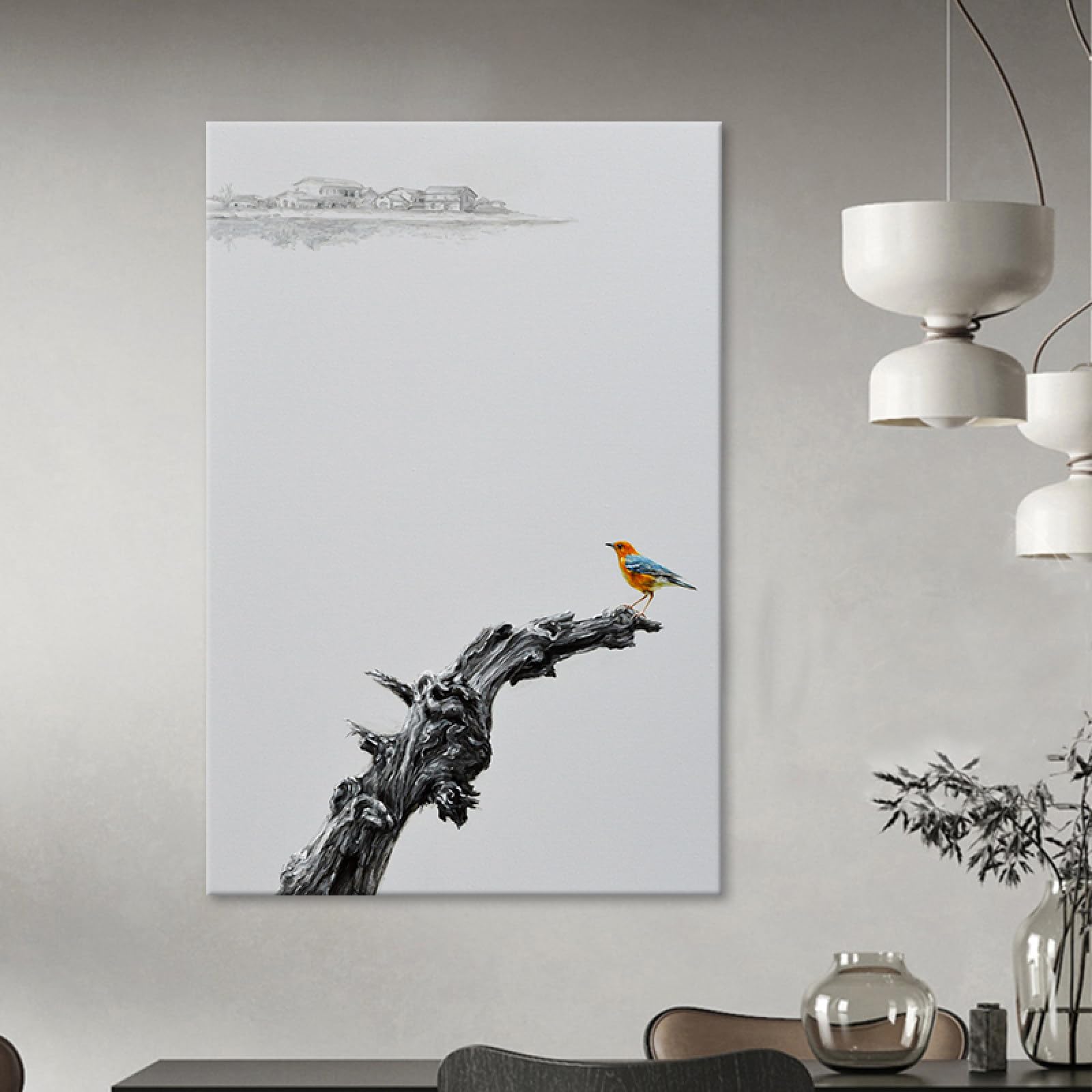 Peinture à l'huile martin-pêcheur pour une décoration d'entrée zen et accueillante