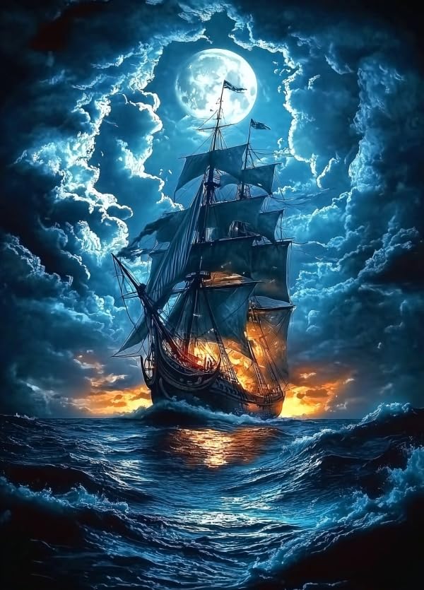1000 Piece Jigsaw Puzzle for Adults, Ancient Sailing Ship in Moonlight Stormy Ocean Puzzle, 20x28 Inch Challenging Nautical Art for Home Décor