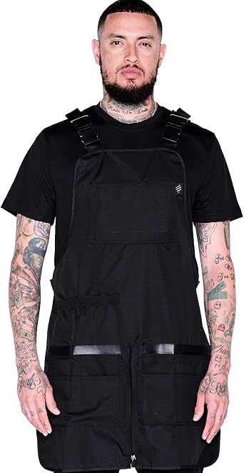 Barber Strong The Barber Apron, Black, Hair Repellent, Ultra Lightweight with Adjustable Padded Harness, Zippered Split Leg