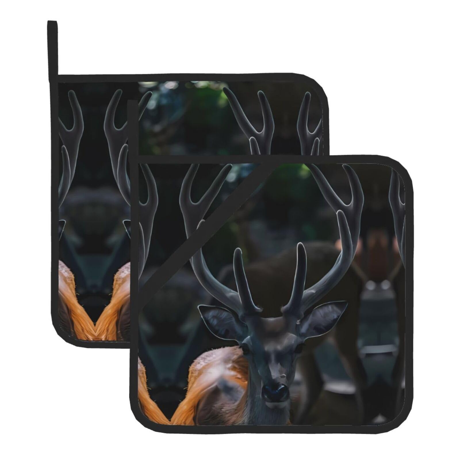 YYHWHJDE Outdoor Wildlife Deer Antler Prints Square Hot Pads for Kitchen Counter - Waterproof Pot Holders, Durable Oven Mitt Layers with Hanging Loop, Heat Resistant Trivets (2-Pack)