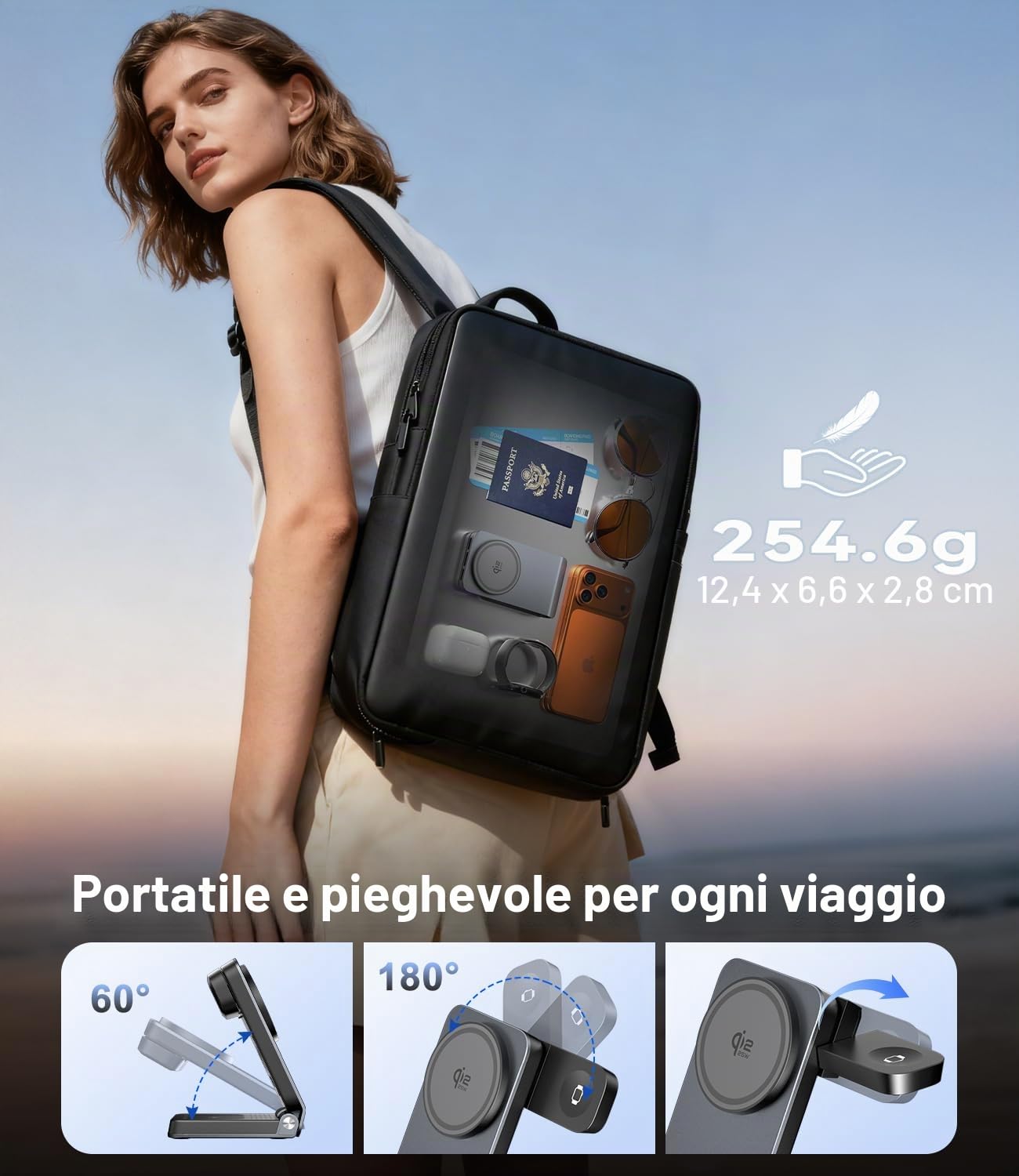 3 in 1 Caricatore Wireless Magnetico per Qi2.2 25W [Adattatore 45W] Compatibile con MagSafe iPhone17, Apple Watch, AirPod, Supporto di Ricarica Wireless Portatile e Pieghevole per i Viaggi