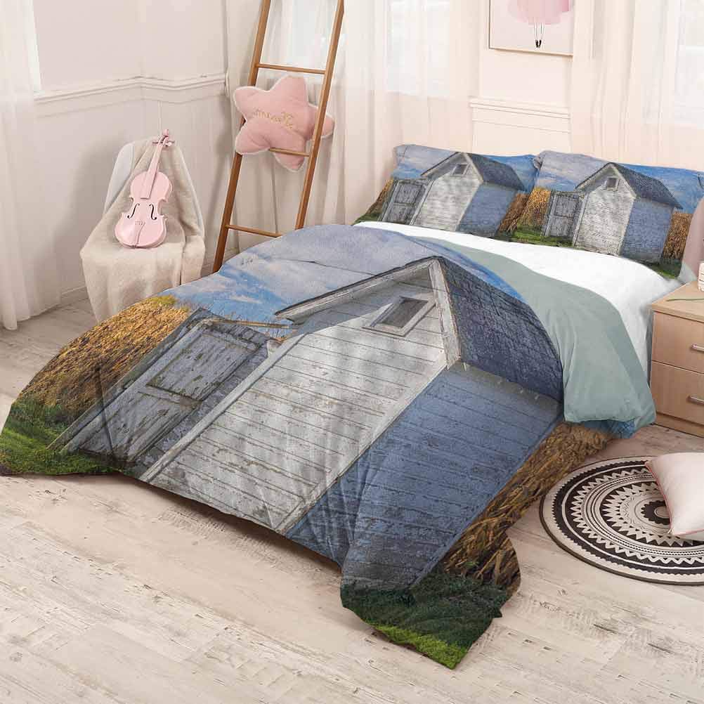 prunushome Outhouse Bedding Duvet CoverCountry Farm Life Cottage with Wheat and Grass Under Sky Image Comfy Bedding Marigold Green Blue and White 71x87in/20x30inx2