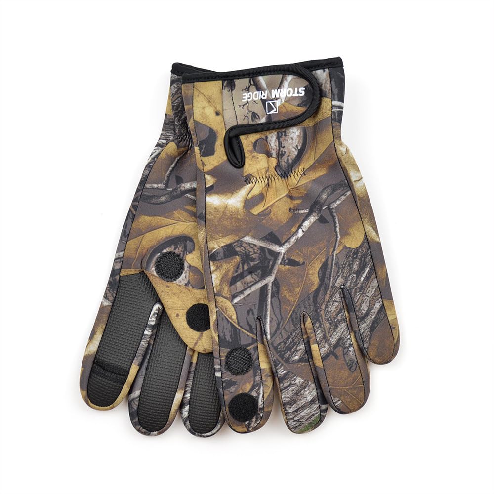 GM Apparel Mens Neoprene Gloves - Fishing Hunting Shooting Sports Outerwear with Rubber Grip Palm and Fold Back Fingers, Thumb and Index, Perfect for Fishing Hiking, Outdoor Use (Camouflage, L-XL)
