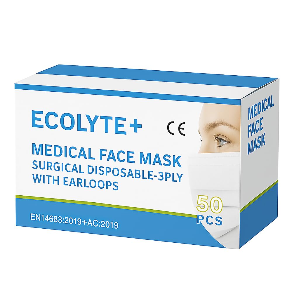 ECOLYTE+ Disposable Face Mask 3Layers Air Pollution & Protection Mask, Nose Mask, Dust Mask, Surgical Mask With tie, 50 Pieces