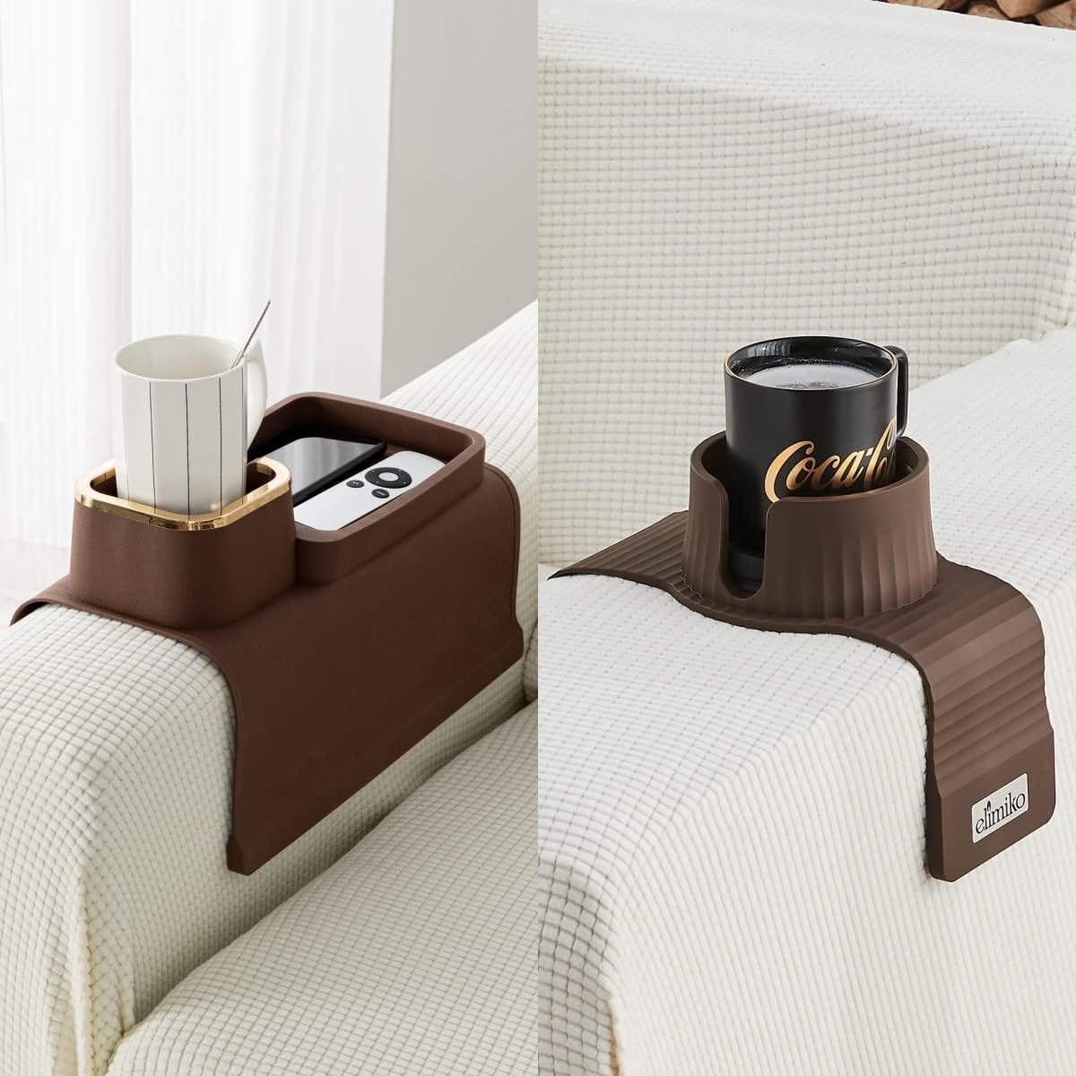 Elimiko Silicone Couch Cup Holder Tray and Couch Cup Holder, Anti-Spill & Anti-slip, for Oversized Mugs, Gifts for Mom, Dad, Husband, Grandma, Grandpa (Mocha Brown)