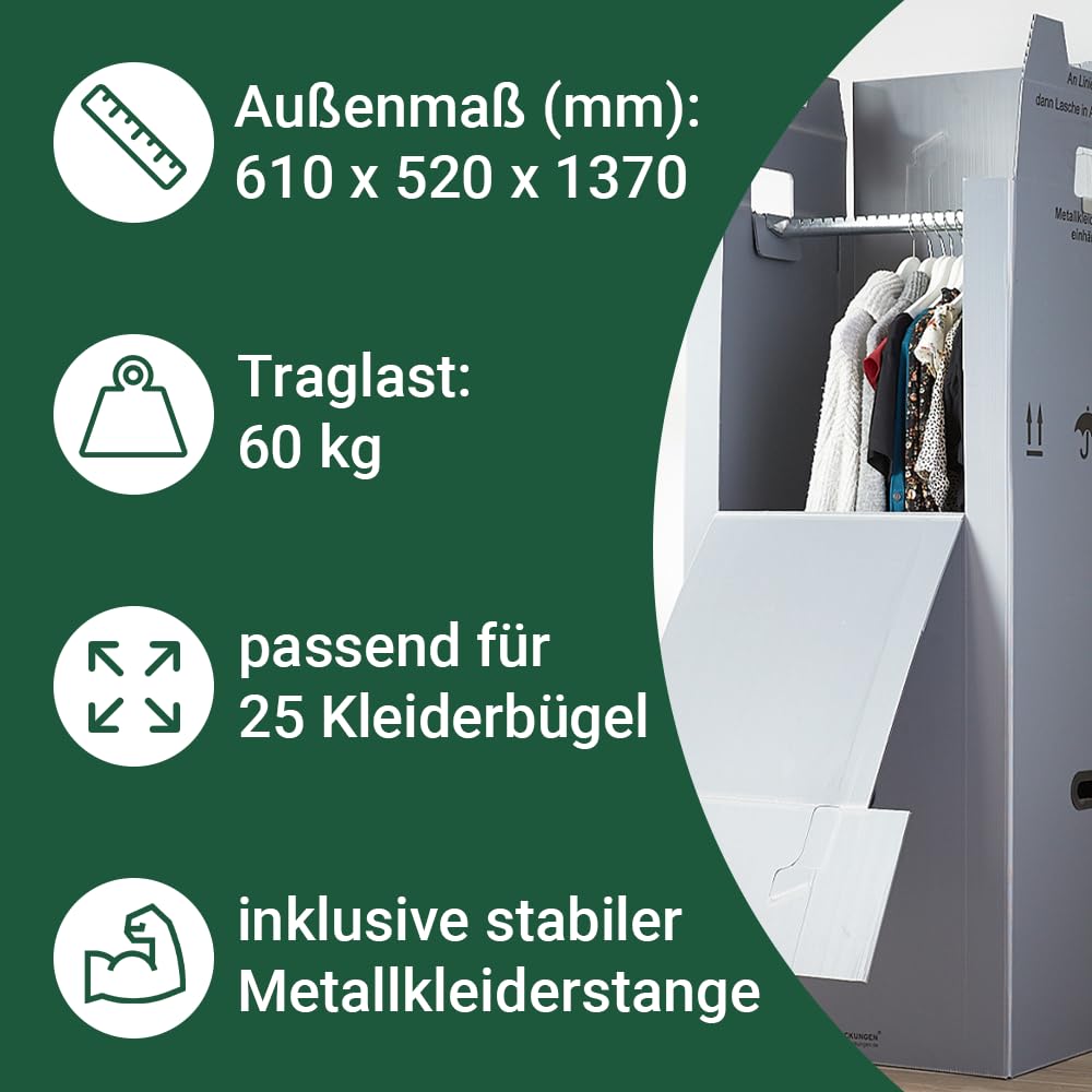 BB-Verpackungen 6 Kleiderboxen Kunststoff 600 x 510 x 1350 mm inkl. Kleiderstange Kleider Karton