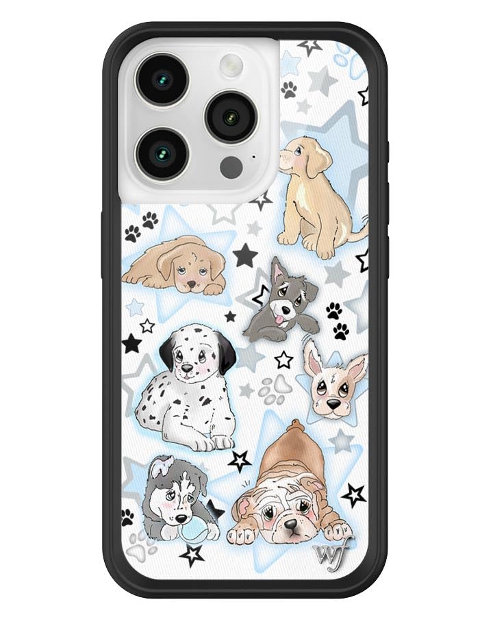 Wildflower Cases - Puppy Party Case, Compatible with Apple iPhone 15 Pro | Blue, Dogs, White, Animals, Trendy, Cute - Protective Black Bumper, 4ft