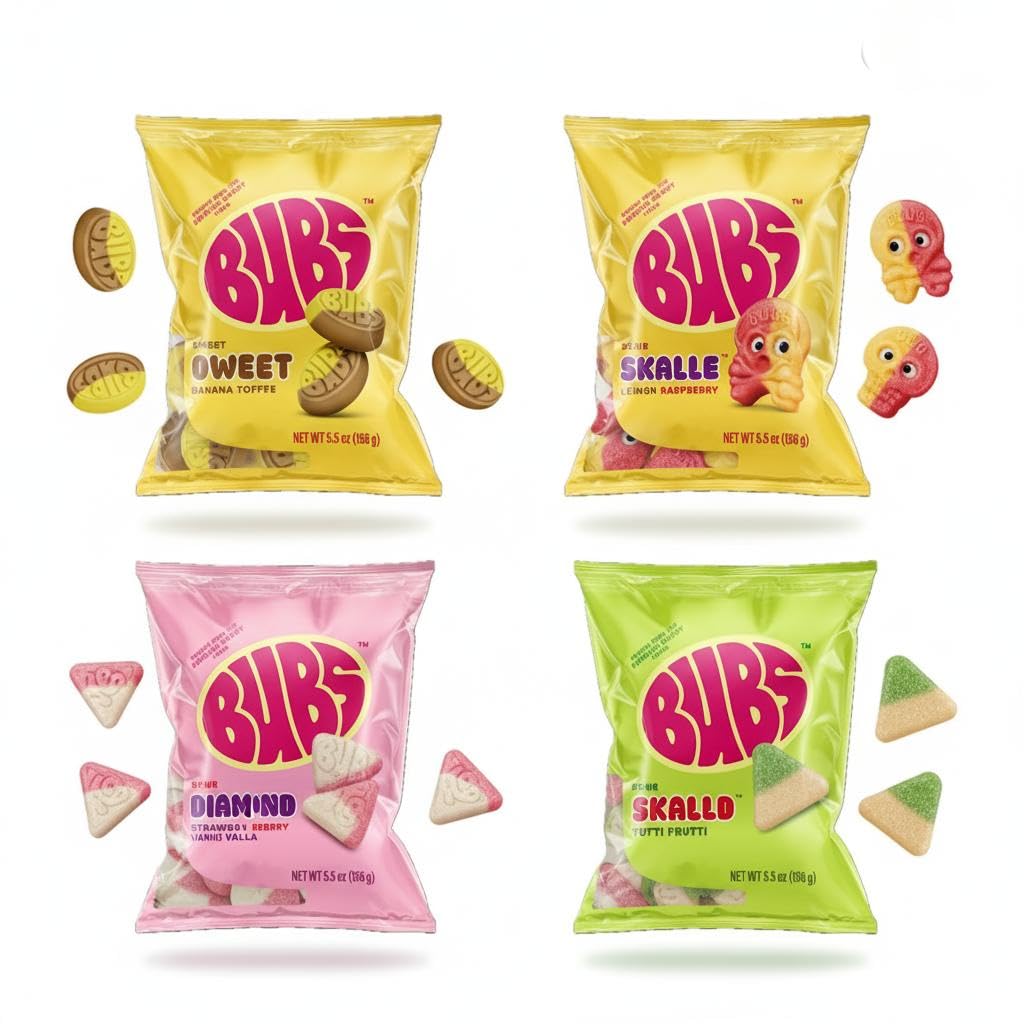 BUBS Swedish Foam Candy Variety Pack – 4 Bags (5.5 oz Each) | Soft & Chewy Sweet and Sour Candy | Strawberry Vanilla, Tutti Frutti, Lemon Raspberry & Banana Toffee | Vegan Gluten Free Gummy Candy Assortment
