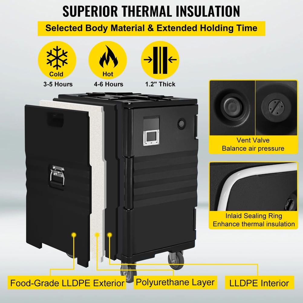 Contenitore termico per alimenti, 120 l, con ruote girevoli per 6 padelle di dimensioni standard, ideale per ristoranti, feste, riunioni