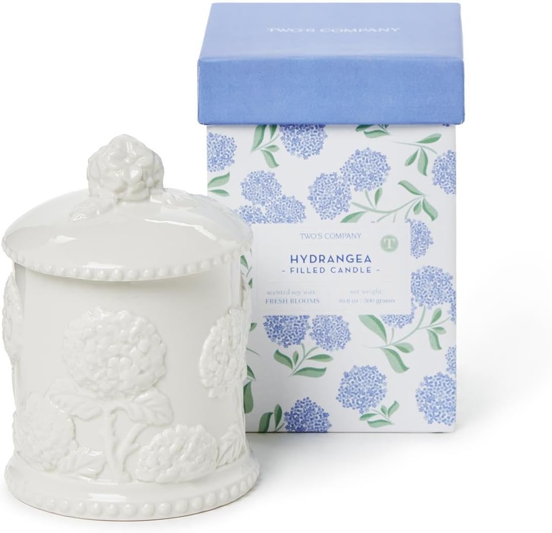 Two's Company Hydrangea Relief Filled Candle | Handcrafted Fine Bone Porcelain with Intricate Hydrangea Design | Fresh Blooms Scent | 100% Soy Wax | 30-Hour Burn Time | Elegant Gift Box