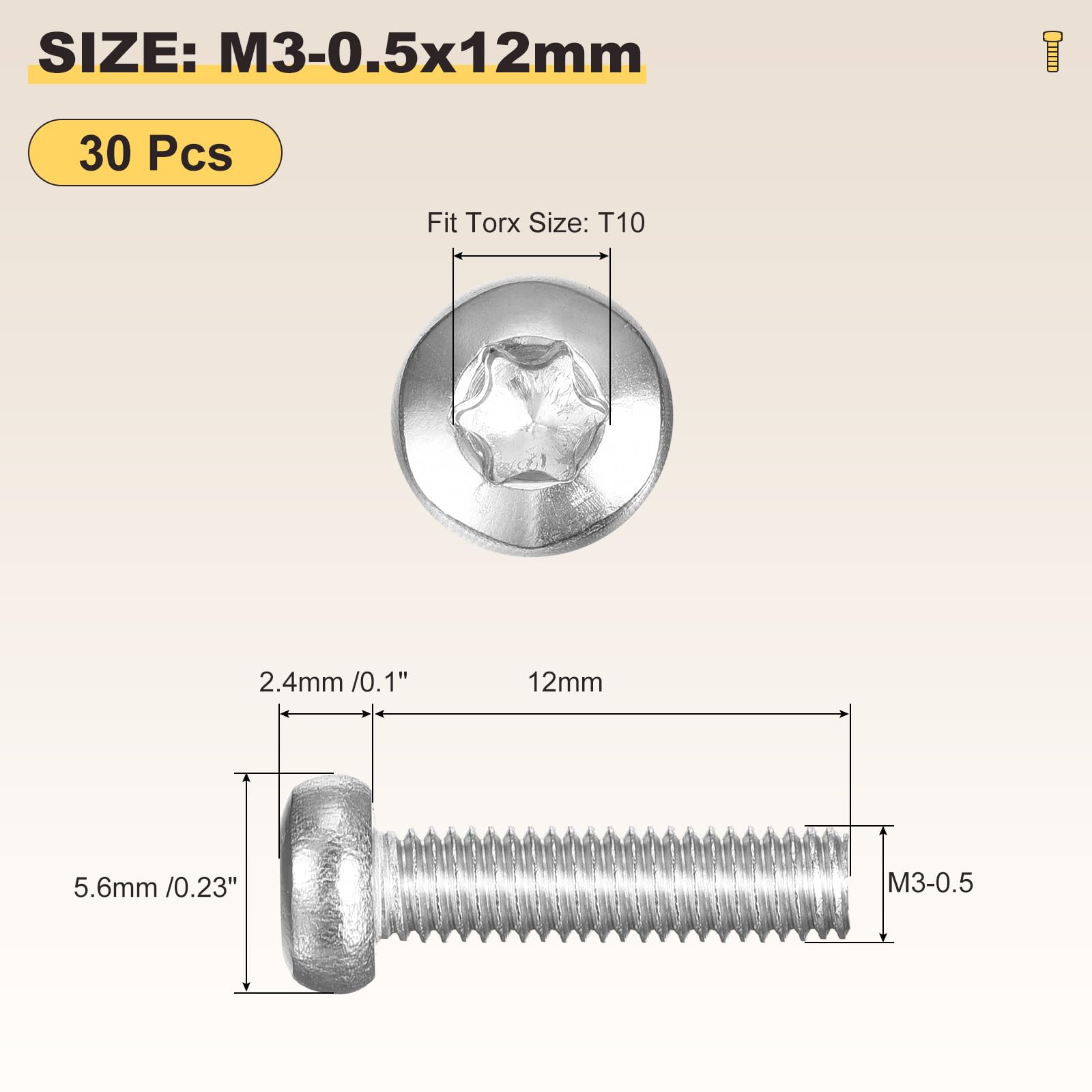 METALLIXITY Pan Head Torx Security Screws Bolts (M3-0.5x12mm) 30Pcs, Button Torx Head Machine Screws 304 Stainless Steel - Image 2