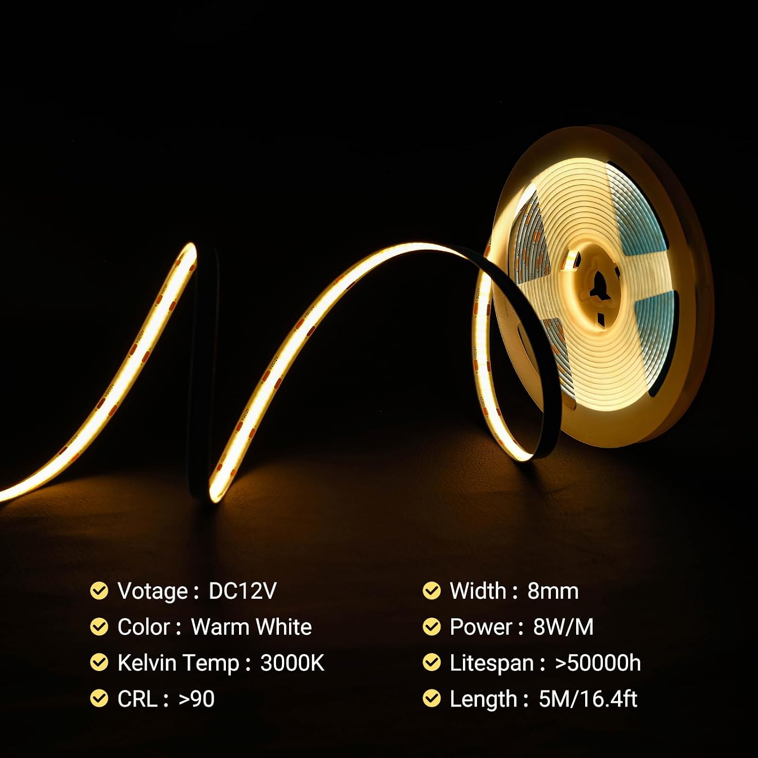 Cob Led Strip Lights Warm White 3000K, 16.4ft Cuttable Cri90+ Continuous Lighting with DC Connector, Self Adhesive 12 Volt Tiras Led for Cabinet, Bedroom,Kitchen,DIY Project(No Adapter Or Plug)