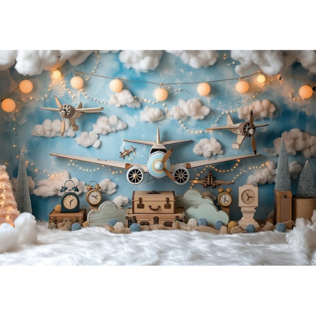YongFoto 8x6ft Airplane Backdrop White Clouds Blue Scenery Clock Lights Photography Background Baby Shower Kids World Map Travel Adventure First Birthday Party Photo Studio Props Polyester