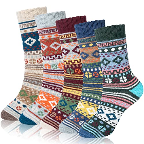 Chalier Fashion 5 Pares Calcetines Mujer, Calcetines de Invierno de Mujer, Calcetines de Lana, Calcetines de Navidad, Calcetines de Algodón, Calcetines Térmicos Cover
