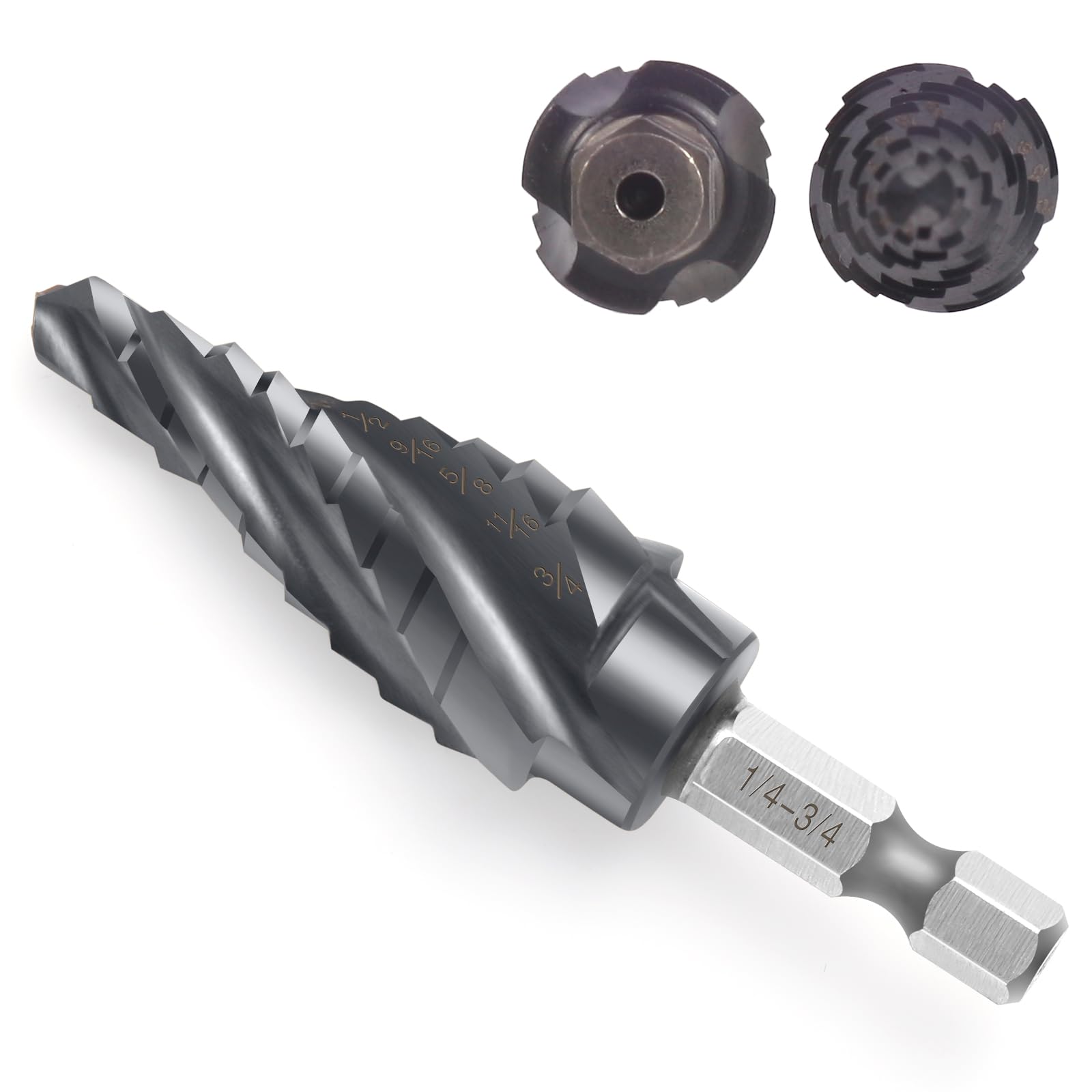 Four Spiral Flute Cobalt Step Drill Bit, 1/4"-3/4" M35 Wear-Resistant TiAlN Coated Step Bit,1/4" Hex Shank Unibit Step Drill Bit for Metal Stainless Steel Aluminum Wood Plastic(Four Flute - 1/4-3/4)