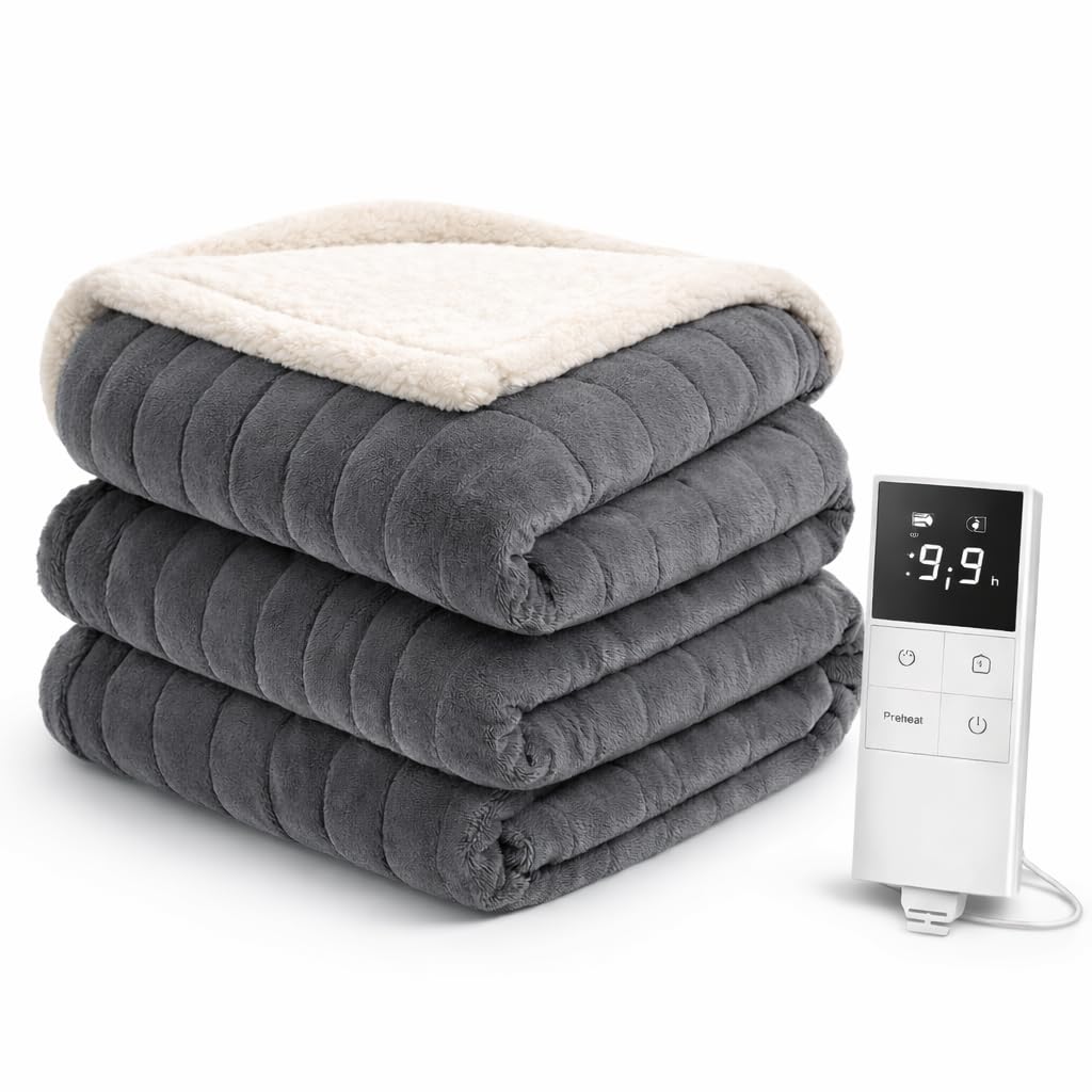 LEVSON Electric Blanket 160 x 120cm, Heated Throw with 9 Heat Settings, Memory Function, 1-9H Timer, 80W Fast Heating, Auto Temp Control, Auto Shut Off, Overheat Protection, Machine Washable Blanket