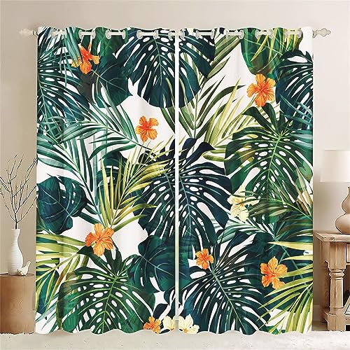 SMchwbc Lot de 2 rideaux opaques verts motif feuilles de palmier tropicales plantes pour chambre à coucher, impression 3D, 100 % polyester, rideaux occultants...