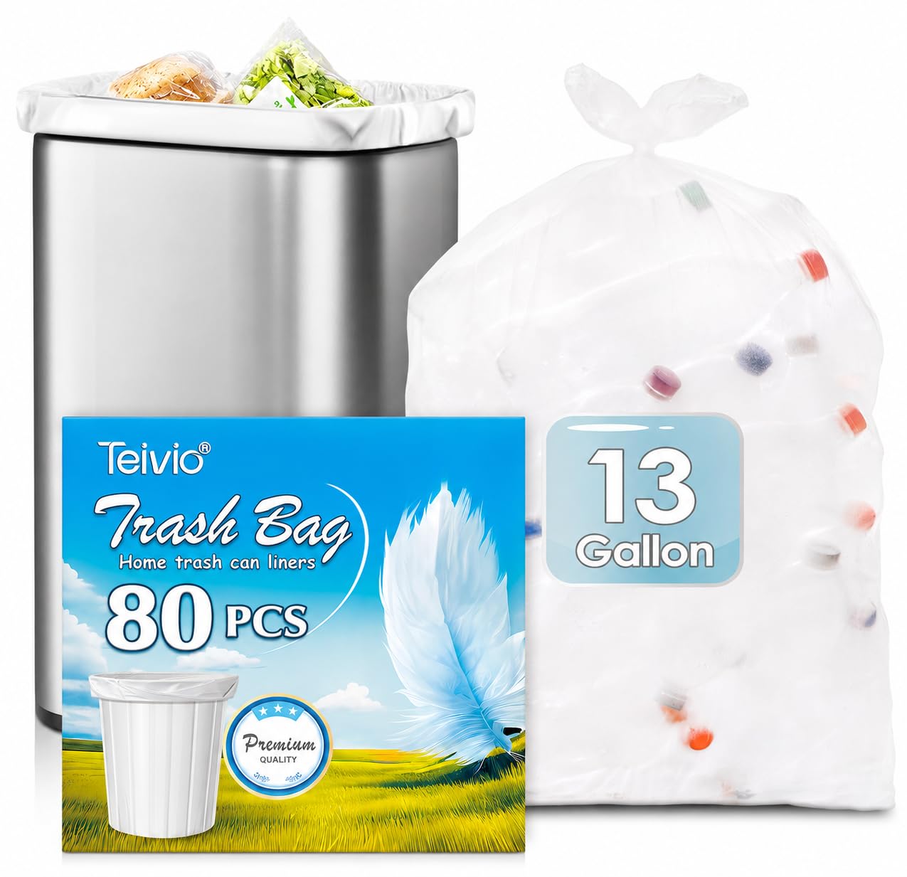 13 Gallon 80 Count Tall Kitchen Trash Bags 10 Gal 12 Gal 13 Gal fit 50 Liters Garbage Bags by Teivio, Waste Basket Bags,Bathroom Trash Can Bin Liners, Plastic Bags for home office kitchen, Clear