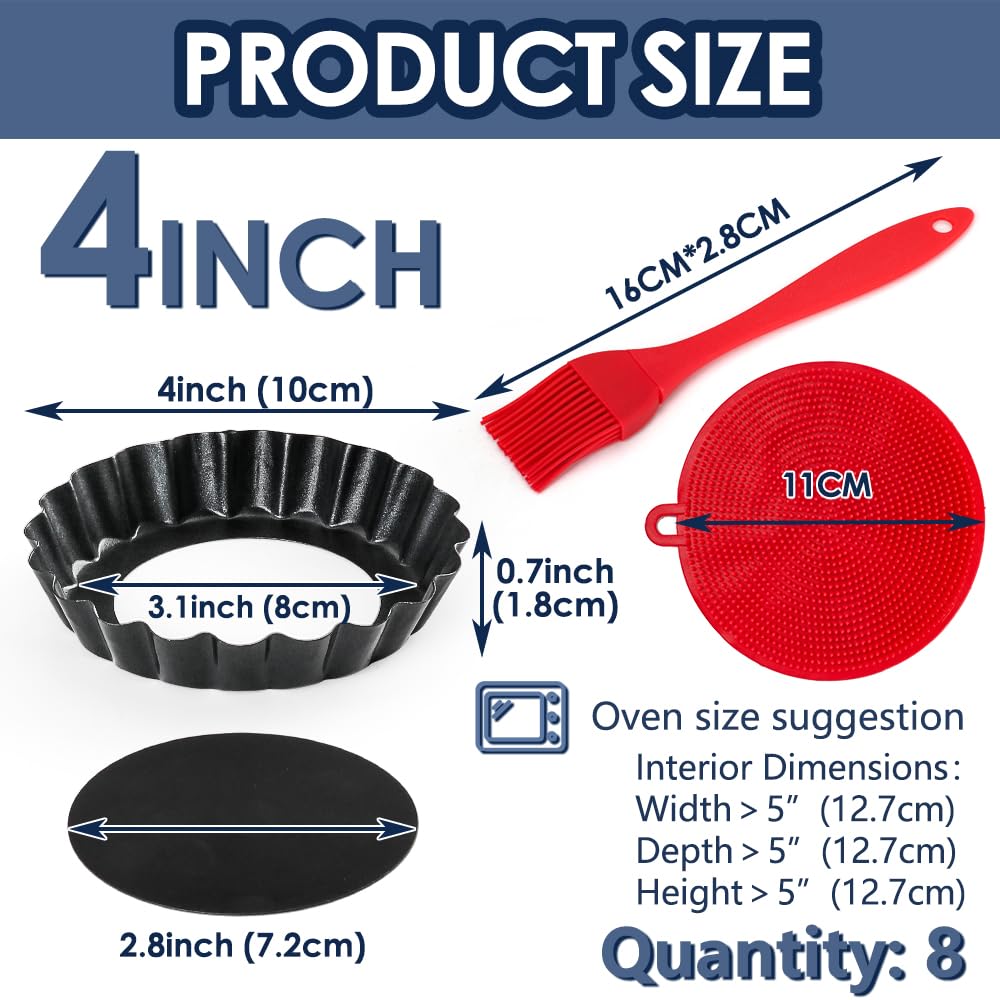 Quyimy 8 Packs 10cmTart Tins Quiche Dish Tart Pans 4 inch Removable Bottom Round Fluted Quiche Tins Non-Stick Round Carbon Steel Individual Pie Dishes with Oil Brush&Silicone Scrubber - Image 2