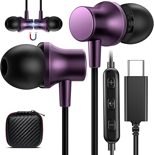 COOYA Auriculares USB C, auriculares USB tipo C negro+morado, 2 pares de auriculares con cable para Pixel 7 6a 6 Pro con cancelación de ruido
