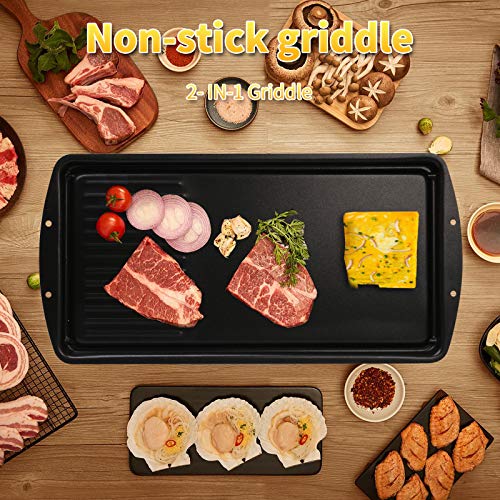 CukAid Non-Stick Griddle Grill Pan,2-in-1 Cast-iron Double Burner Griddle, Griddle Pan Cookware for Electric Grill, Induction Stovetop and Gas, 19\" x 9.5\", Dishwasher Safe, Black