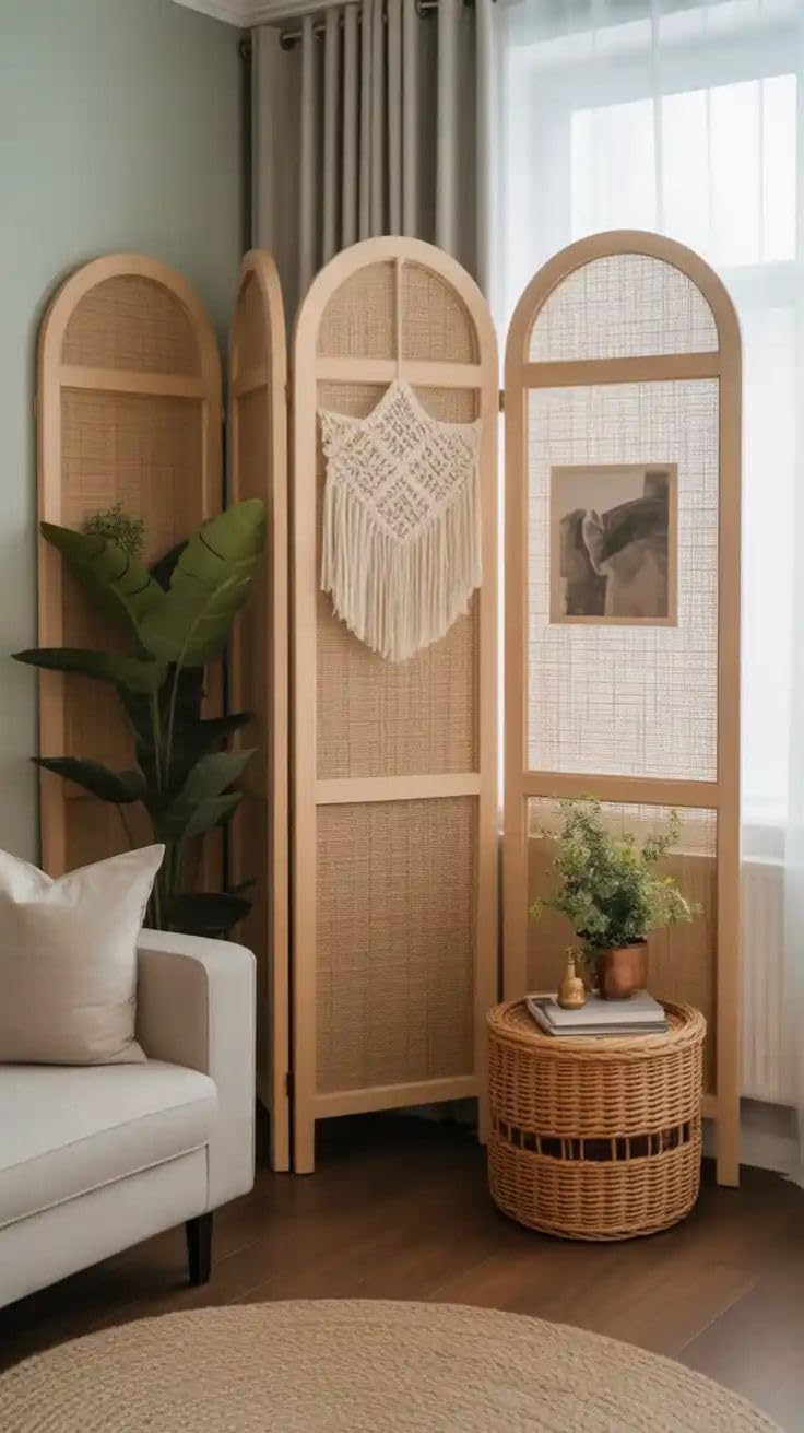 3-Panel Room Divider, Rattan and Wood Frame, Boho Style, 170-183 cm Tall, 137-152 cm Wide-image-37