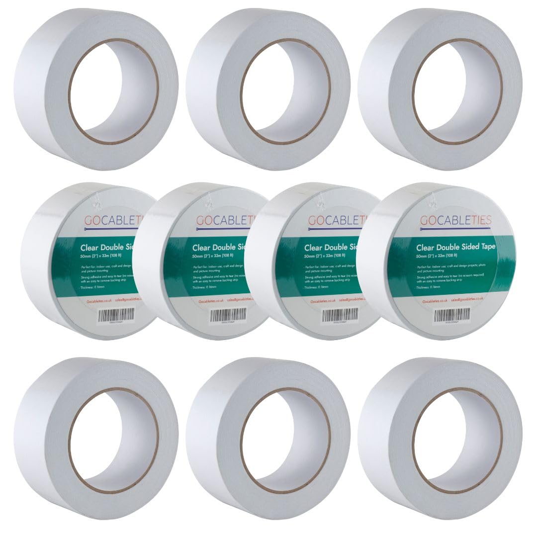 Gocableties Clear Double Sided Tape, 50mm (2”) x 33m, Strong Wide Double Sided Sticky Tape for Craft, Scrapbooking and Mounting Photos, 10 Rolls