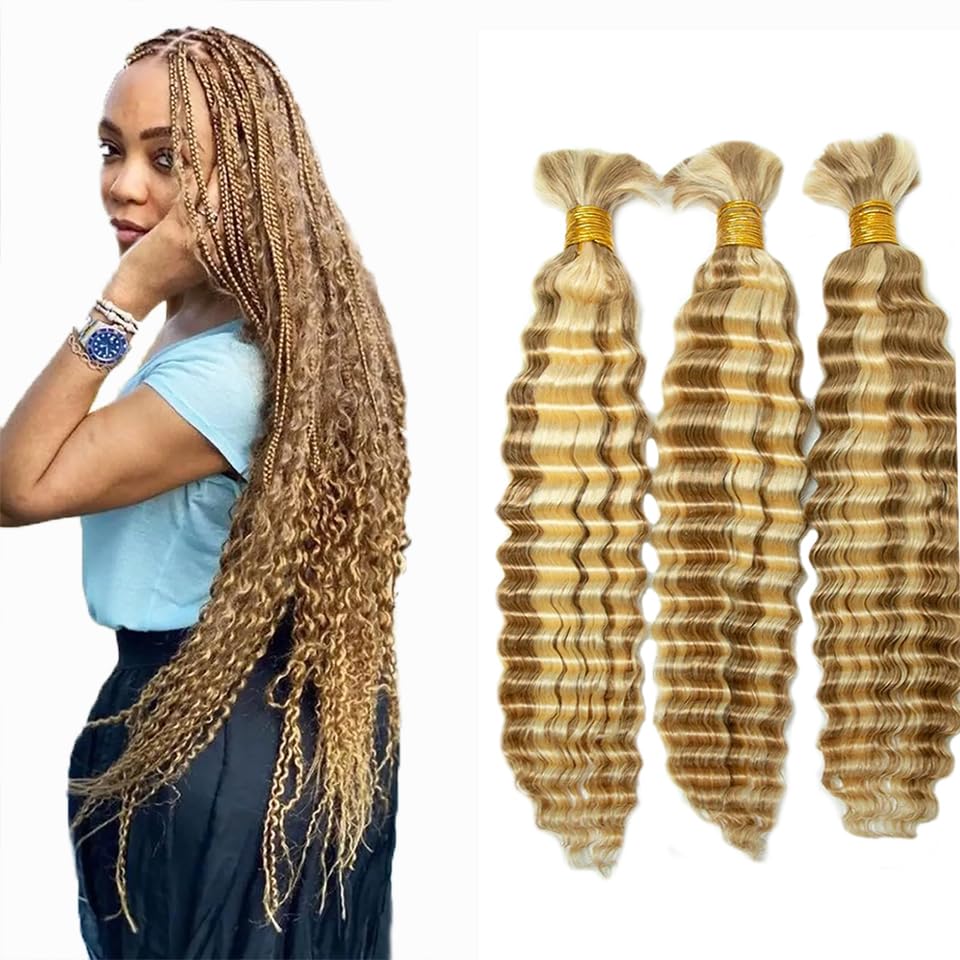 P27/613 Highlight Blonde Human Braiding Hair for Boho Braids 24 24 24 Inch Vingin Honey Blonde Deep Curly Bulk Hair Human Hair Extensions for Braids 150g 3 Bundles image 5