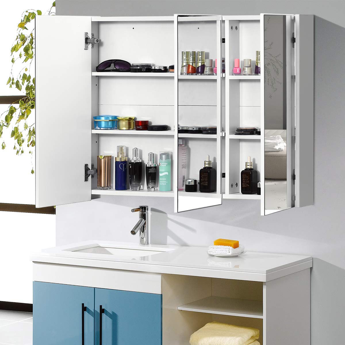 COSTWAY Armadietto Specchio Bagno con 3 Ante, 90 x 65 x 11 cm, Specchiera Bagno a Parete con Mensole Regolabili, Specchiera con Contenitore Salvaspazio per Ingresso e Soggiorno