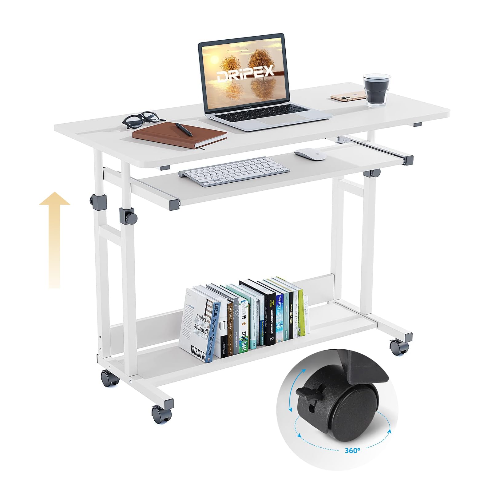 Dripex Mesa Escritorio Pequeña, 80 x 45 cm, Altura Ajustable Entre 69-90 cm, con Ruedas y Estante para Teclado, para Oficina en Casa Salón Dormitorio, Blanco