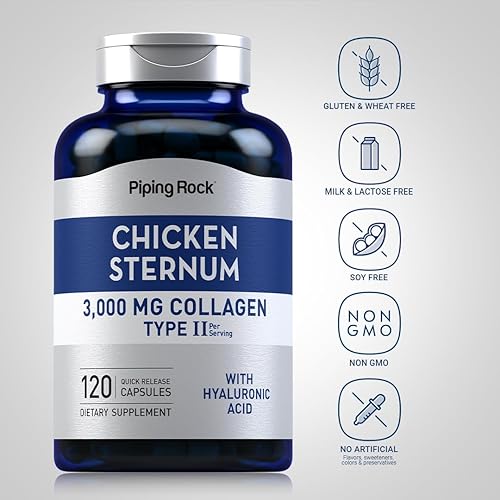 Miniatura 3 de Piping Rock Suplemento de colágeno tipo II de esternón de pollo | 3000 mg | 120 cápsulas | con ácido hialurónico | Sin OMG, sin gluten