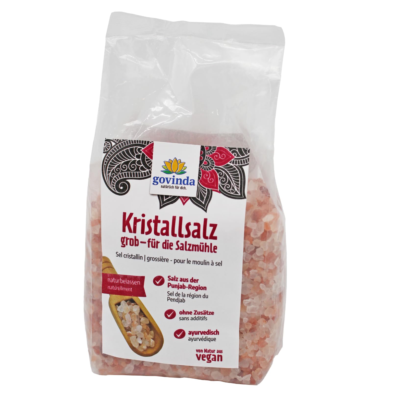 Govinda Kristallsalz - grob (1kg) | 250 Millionen Jahre alt | Salz aus der Punjab-Region | 100% naturbelassen & ohne Zusätze | Ayurvedisch | Vegan | Ideal für die Salzmühle