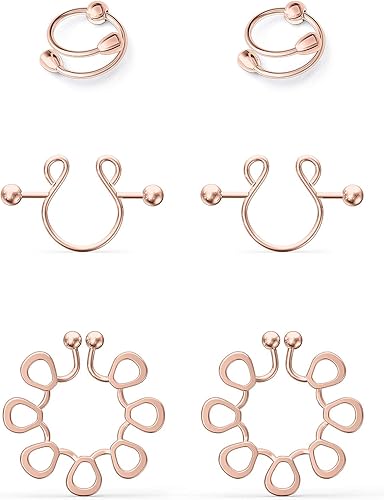 Ftovosyo Piercings falsos para pezones ajustables con clip en los anillos de pezón de acero inoxidable sin perforación para mujeres